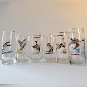 NED SMITH Highball 12 oz Glass Set (6) Gold Rim Vintage MCM Waterfowl Bird